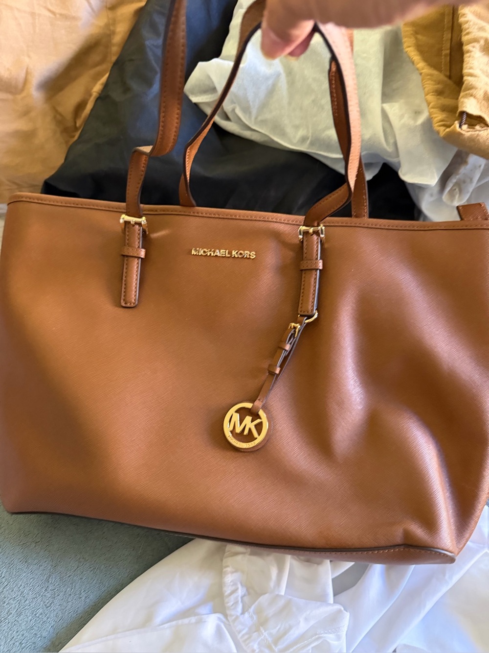 Michael Kors Tan Saffiano Leather Tote with Gold Logo Charm